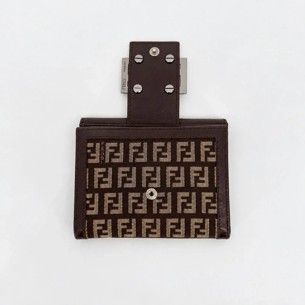 Fendi Zucca Wallet Unisex Brown Leather Monogram Trifold Logo Luxury Y2K Vintage
